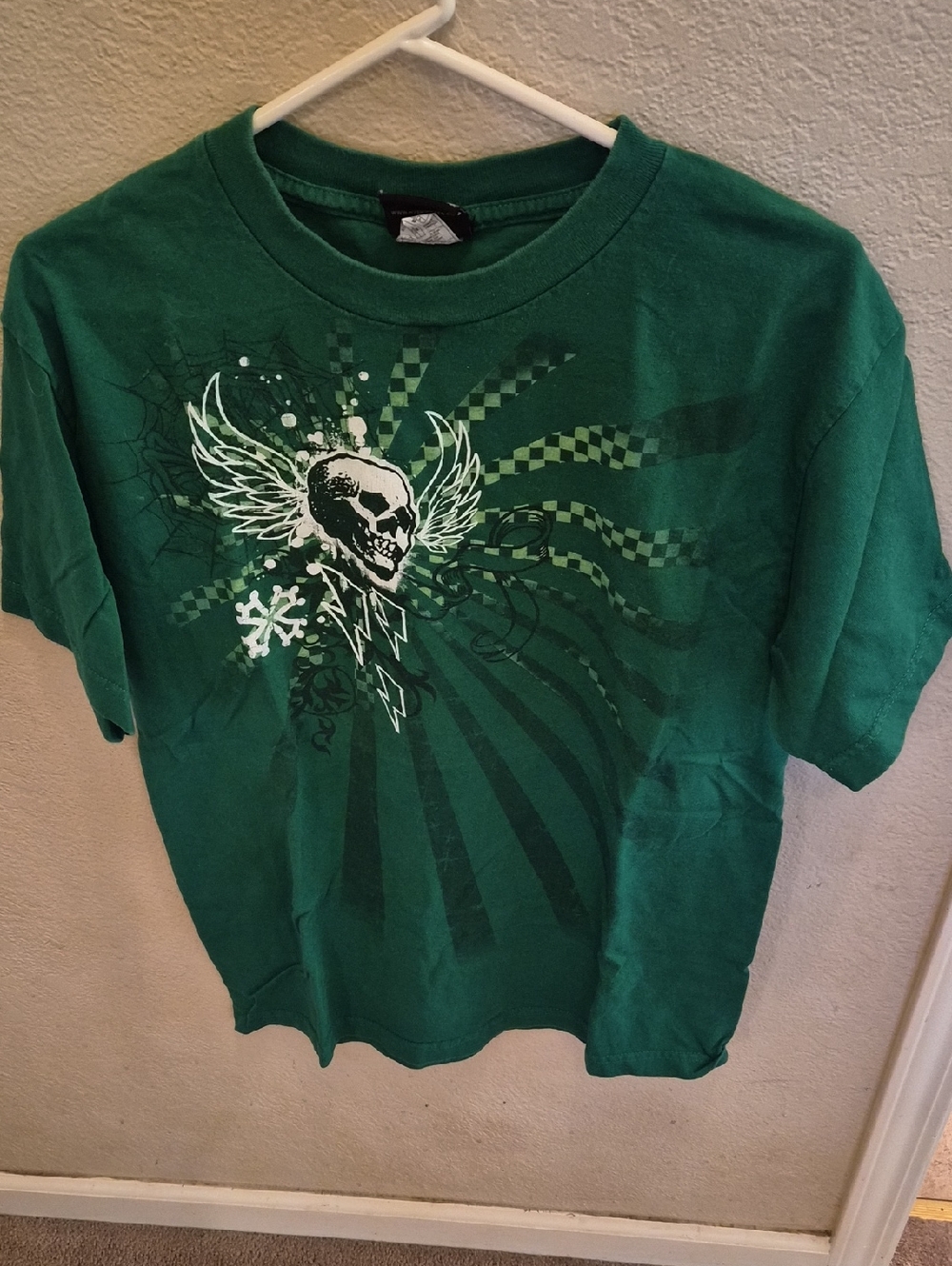 Hybrid Green Short Sleeve Tee with Winged Skull Graphic
